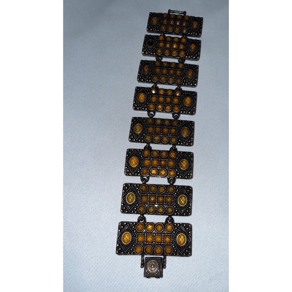 Kim Family‎ Vintage Bronze Tone Amber Resin Panel Link Bracelet Boho Statement